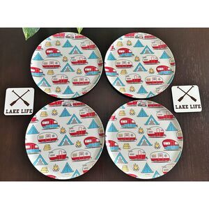Vintage The Spring Shop (Qty 4) Camping Dinner Plates w/ 2 Coasters ZAK Designs